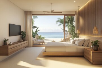 Fototapeta premium A contemporary bedroom contains several pieces of furniture, a wall mounted television, a bench near a flower pot, a ceiling fan, a bedside table with a lamp, and well-balanced lighting.