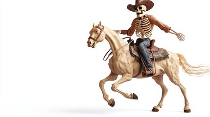 Obraz premium A ghostly cowboy riding a skeletal horse, Halloween Wild West scene, 3D illustration, isolated on white background