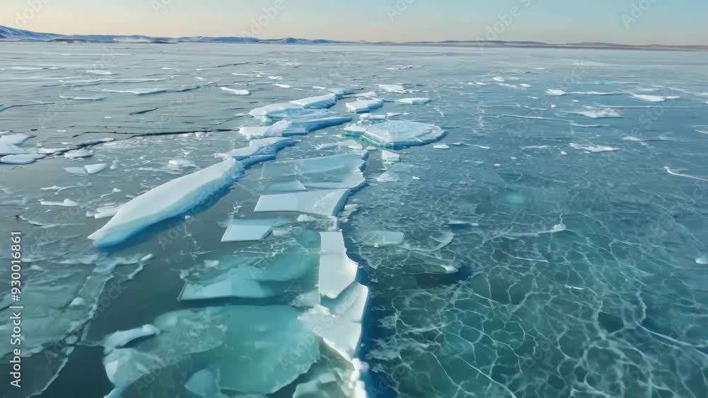 Poster ice sheets are breaking apart on a frozen lake, creating an abstract design with the deep blue water