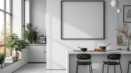 A contemporary, black minimalist kitchen space with horizontal picture frame, elegant design, is mounted on a pristine white wall, perfectly aligned with the minimalist aesthetic. sparsely decorated.