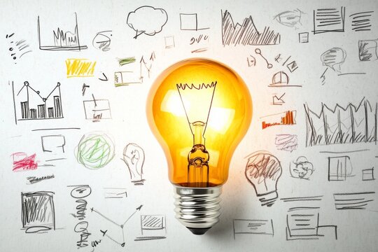 Bright light bulb shining against a backdrop of artistic sketches and doodles on paper, symbolizing innovative business ideas, concepts, and graphs for creative inspiration and visual communication.