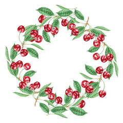 Red cherry branch with green leaf. Juicy hand drawn watercolor illustration, isolated frame for banner template with copy space for text. Food art, fresh botanical realistic painting for prints, cards