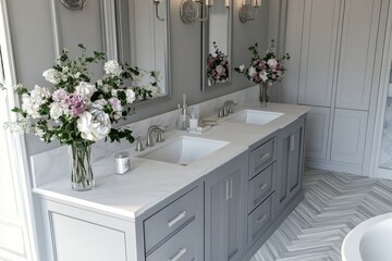 Stunning home bathroom featuring marble walls, bathtub, and shower, herringbone tile flooring, and herringbone tiles.