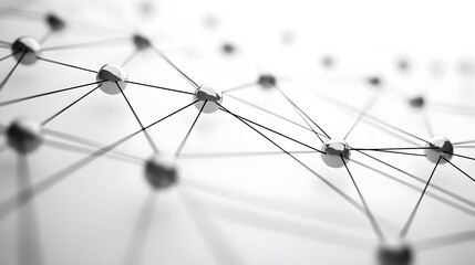 A sleek, geometric network design, sharp black lines connecting minimalist, silver nodes on a pure white background, the lines form precise, angular patterns, illuminated by a soft, white light that