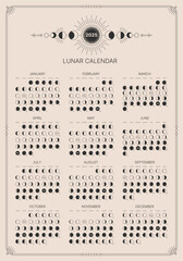 Monthly Moon Diary for the year 2025, template. Astrology, astronomical lunar shadow, full cycle from new to full moon pocket calendar, lunar map vector illustration