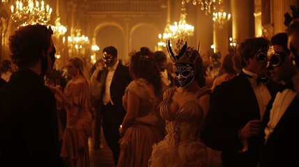 Gothic-style masquerade ball in a grand hall, filled with mysterious guests wearing elaborate, spooky masks and flowing costumes, with chandeliers casting soft, haunting shadows, and a hint of