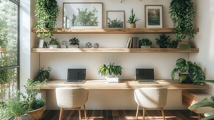 Fototapeta premium Home office with two desks, wooden shelves and plants on the wall, green plant on desk, laptop and paintings on walls, beige chairs. Generative AI.