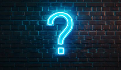 neon question mark on brick wall background. Neon sign with glowing blue light in the shape of big question symbol or exclamation point.