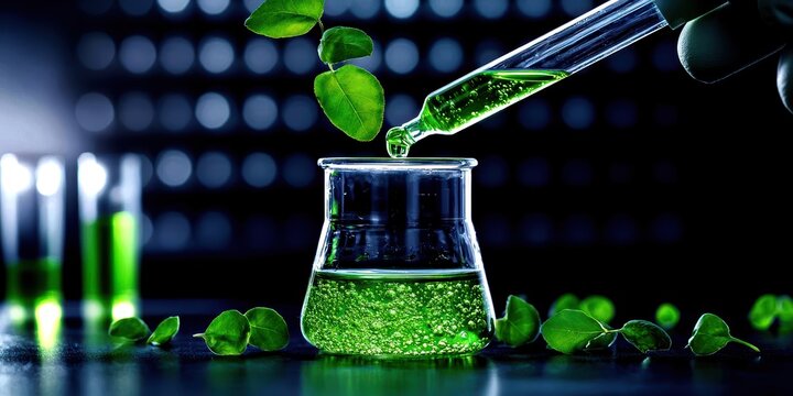 A close-up of a laboratory scene with a pipette dispensing green liquid into a glass beaker, surrounded by fresh leaves.