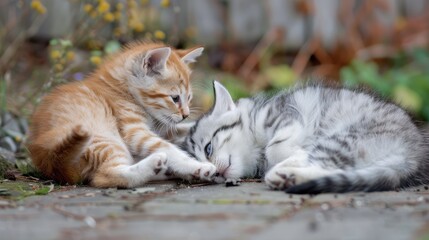 Fototapeta premium Alaskan Malamute puppy playing with a ginger cat