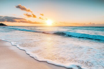  Tranquil beach scene at sunset with turquoise blue waves, golden sunlight, and white foam, serene ocean view with distant swimmers and sandy shore in warm evening tones.