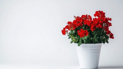 Minimalistic Composition with Modern Ceramic Vase and Red Flower: A Clean and Elegant Display Featuring Beautiful Green Plants Arranged in a Sleek White Ceramic Vase. 