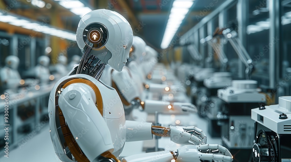 Aufkleber ai robots in a manufacturing plant assembling products, showcasing efficiency and productivity, indu