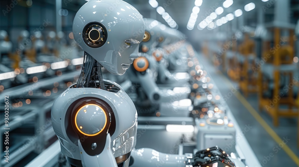 Poster AI robots in a manufacturing plant assembling products, showcasing efficiency and productivity, industrial setting, advanced machinery. Generative AI.