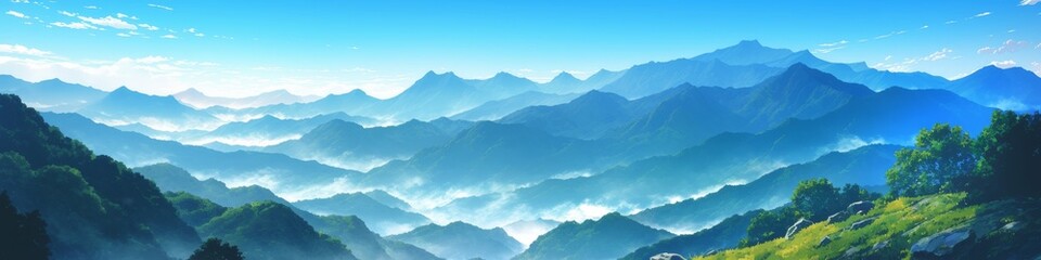 Naklejka premium Enchanting Japanese Mountain Landscape: Misty Anime-Inspired Digital Art for Travel and Leisure. Serene Aerial View of Foggy Peaks, Perfect for UI Design, Web Marketing, and 4K Wallpapers. AI-Generate