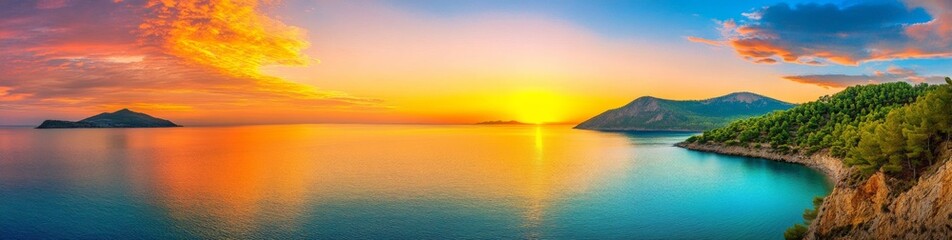 Fototapeta premium Panoramic view of a tranquil sunset over mountains and sea with orange clouds and blue water, serene landscape with green trees covering the land, creating a peaceful atmosphere in warm tones.