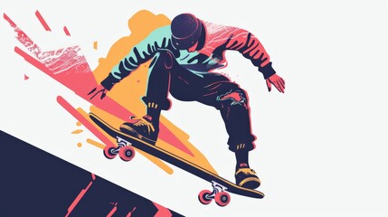 Visual of a skateboarder grinding a rail flat design side view skate park action theme cartoon drawing Tetradic color scheme