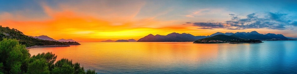 Panoramic view of a tranquil sunset over mountains and sea with orange clouds and blue water, serene landscape with green trees covering the land, creating a peaceful atmosphere in warm tones.