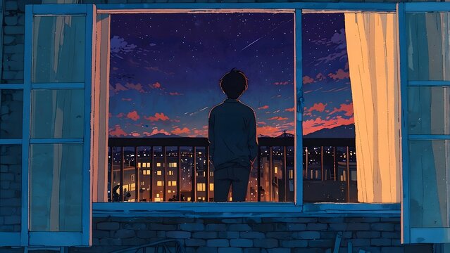 International Missing Children's Day, lonely boy staring out of the bedroom window at the city light, soft dreamy melody of a lofi track, dark moody theme