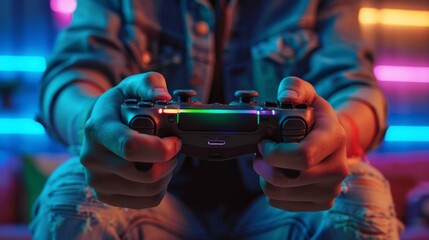 Naklejka premium Happy gamer playing video games with a rainbow flag in the background, representing LGBTQ pride and gaming culture.