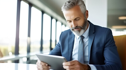 Fototapeta premium Portrait of a businessman is sitting in an office and using his tablet computer to work.