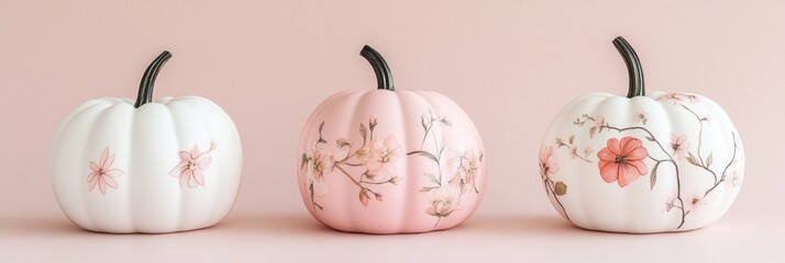 Pastel pink and white pumpkins with delicate floral designs, showcasing a chic and elegant fall decoration idea.