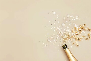 Champagne bottle with golden streamers and white stars on beige background, celebrating New Year's Eve in flat lay style
