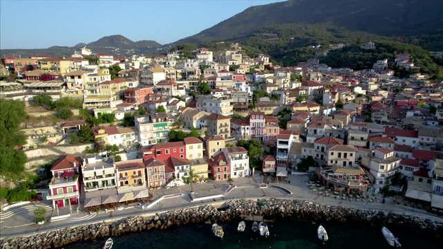 Parga City Aerial Close up Shot of Colorful Buildings, Preveza Greece, Travel Destination, Point of Interest Shot