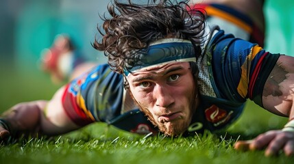 A sportsman playing rugby, capturing strength and teamwork (close up, rugby theme, vibrant, manipulation, rugby field backdrop)