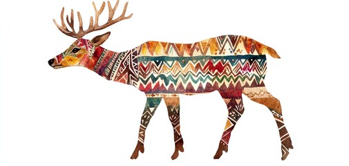 Naklejka premium Bring to life a Boho Christmas deer with vibrant tribal-patterned fur, in watercolor medium, set in earthy tones Isolated on a crisp white background