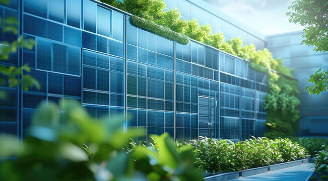 The integration of photovoltaics and green buildings, where a building's exterior walls are covered with photovoltaic panels and surrounded by a small amount of green plants. Generative AI.