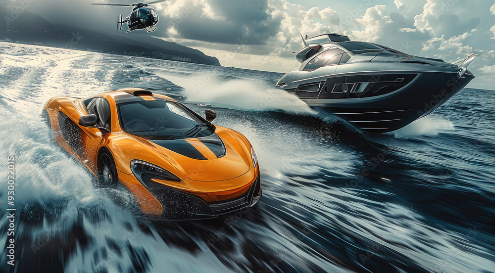 Poster a supercar and a motorcycle racing on the asphalt of a track, beside the track runs a speed boat on 