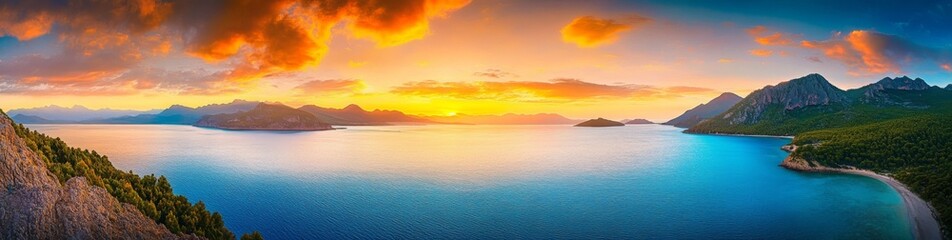 Obraz premium Panoramic view of a tranquil sunset over mountains and sea with orange clouds and blue water, serene landscape with green trees covering the land, creating a peaceful atmosphere in warm tones.