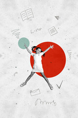 Vertical photo collage of happy preteen schoolgirl jump draw school supplies education concept...