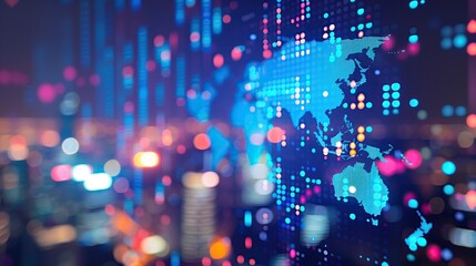 World map with glowing blue dots city lights in background abstract