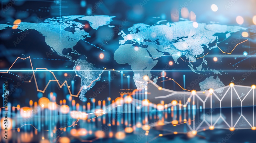 Poster abstract world map with financial data overlay technical background