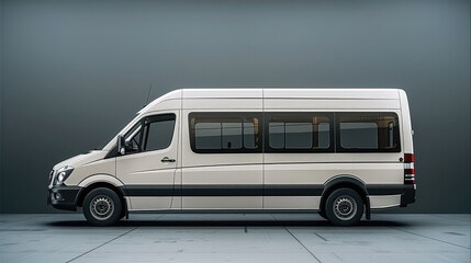 Side view of a white passenger van with darkened tinted windows. Generative AI.