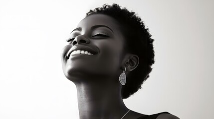 Half woman smiling, high-key lighting creating minimal shadows, pure white background, delicate jewelry adding a touch of elegance, artistic detail on her confident expression, mood of joy and grace
