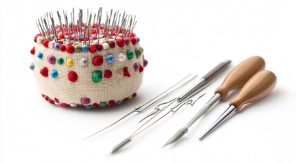Pincushion, Pins, and Sewing Tools on White Background