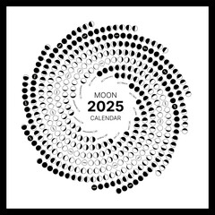 Lunar Hemisphere Spiral calendar for the year of 2025. Astronomy dairy. Astrology moon card, poster, banner. Moon circle calendar. Vector illustration. The Moon calendar isolated on white background. © Sunflower