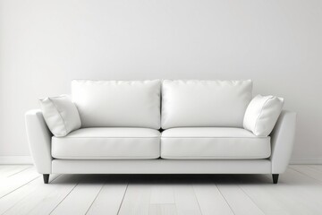 Fototapeta premium A White Leather Sofa Against a White Wall in a Room with White Wood Flooring