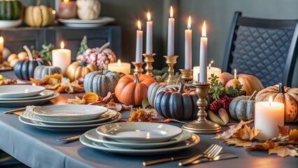 Festive Thanksgiving Dinner Table with Autumn Decorations
