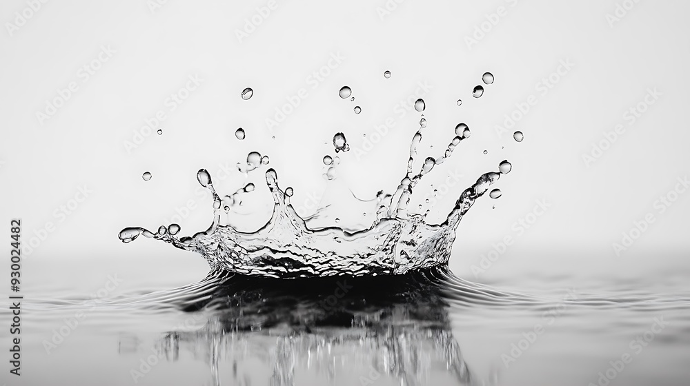 Poster water droplets splash in slow motion, creating a delicate crown-like structure against a white backg