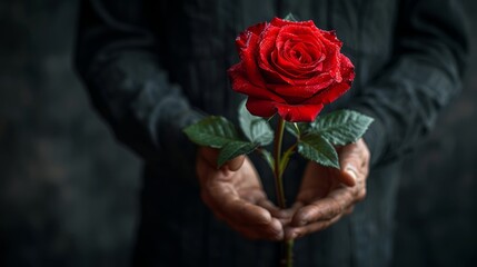 A person presents a vibrant red rose, glistening with dew, gently held in their hands, set against a soft, dark backdrop