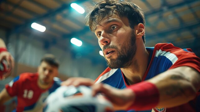A sportsman playing handball, focusing on speed and teamwork (close up, handball theme, realistic, manipulation, sports hall backdrop)