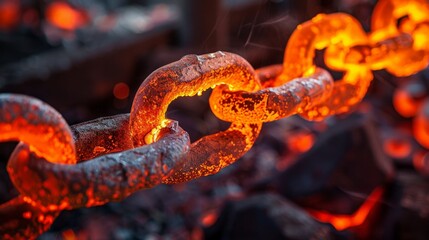Glowing links of metal chain emerge from the forge as a blacksmith shapes them in the warm light of evening, surrounded by coal and tools of the trade