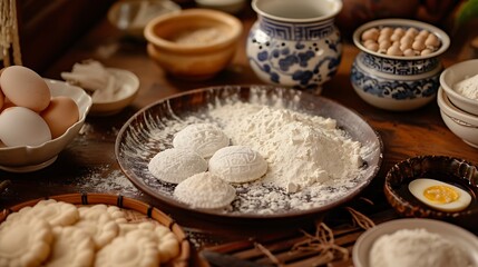 Fototapeta premium Traditional Mooncake Ingredients - Flour, Lotus Seeds, and Eggs for Moon Festival Celebrations