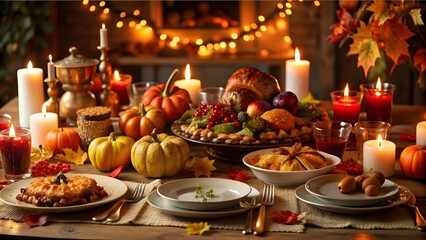 Festive Thanksgiving Dinner Table with Autumn Decorations