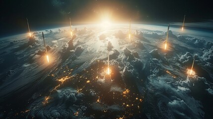 Obraz premium Multiple rockets launching into space from the Earths surface.