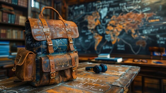 The worn leather backpack sits atop a weathered table filled with books, as a large world map decorates the wall behind it